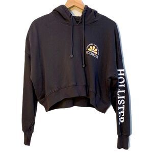 Hollister Black Cropped Hoodie Women’s Small White Logo Long Sleeve.